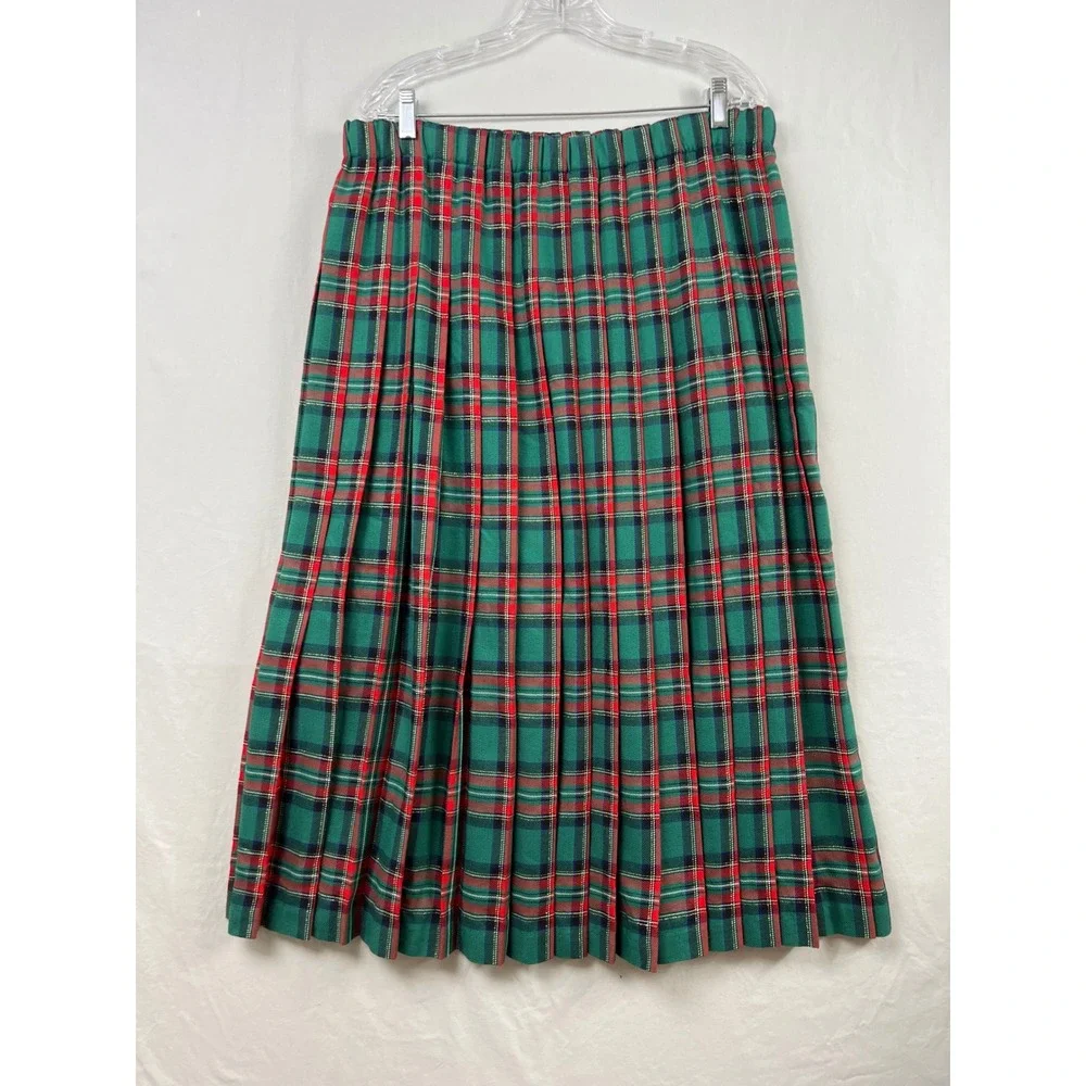 Marisa Christina Plaid Skirt Womens L Green Red Pleated Metallic Midi Vintage